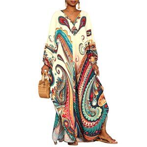 Ethnic Print Kaftan Dress Batwing Sleeve Plus Size Beach Cover Up with Pockets